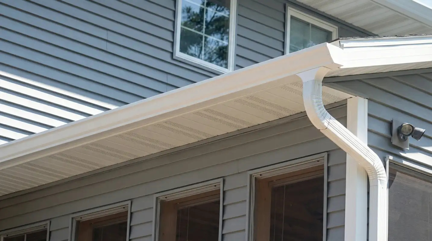 Professional home remodeling project showing newly installed white seamless gutters and downspouts on a house with gray siding in Bakersfield, CA