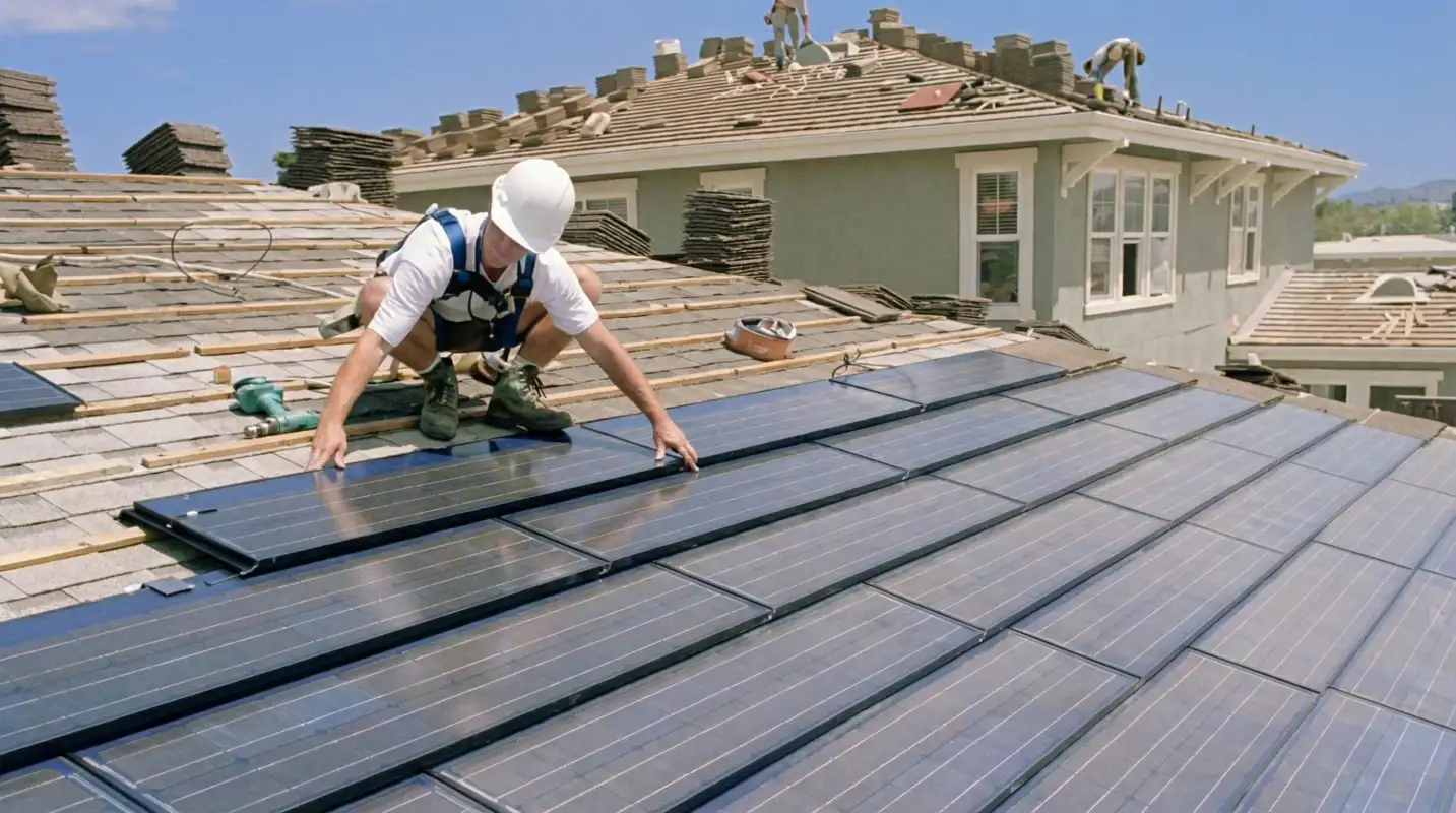 Roof replacement expert installing modern solar shingles on a residential home in Bakersfield, CA