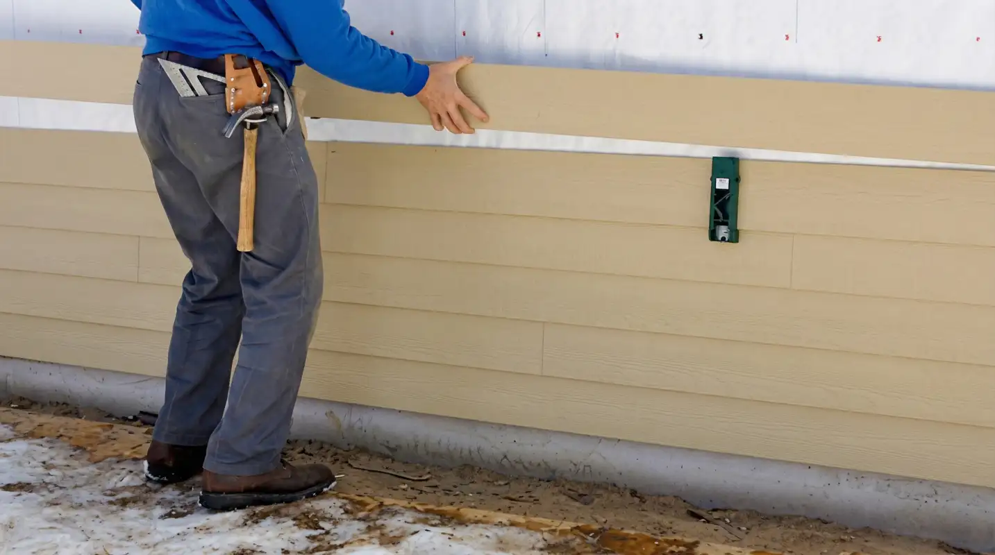 Siding replacement expert carefully aligning a new tan siding panel onto a residential exterior wall in Bakersfield, CA