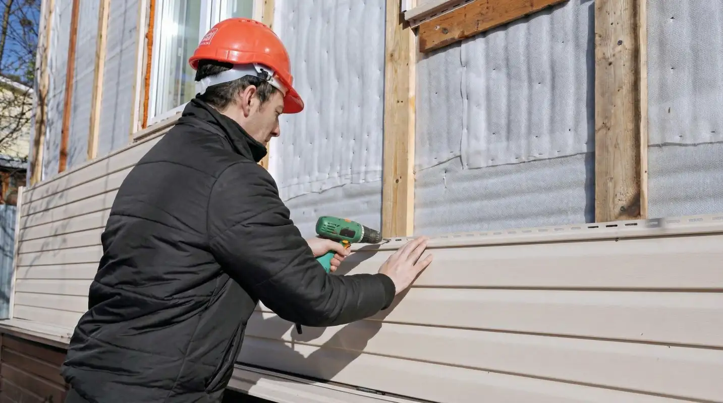 Siding replacement professional using a power drill to install new tan vinyl siding on a home exterior in Bakersfield, CA