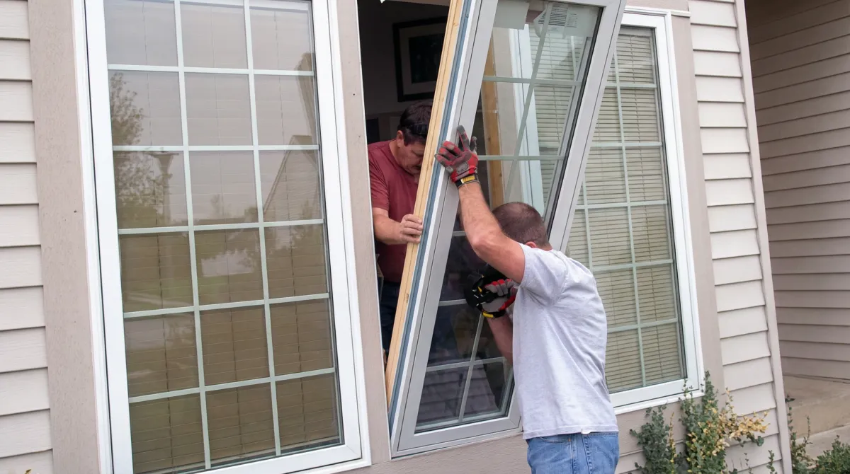 Professional home remodeling team installing a large replacement window on a house with tan siding in Bakersfield, CA