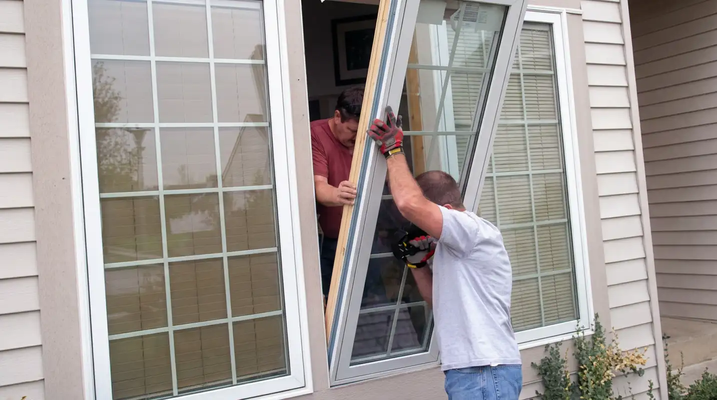 Professional home remodeling team installing a large replacement window on a house with tan siding in Bakersfield, CA